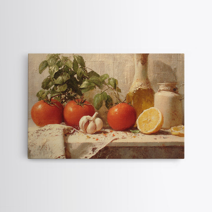 Tomatoes Garlic and Basil on Linen Framed Canvas Print, Kitchen Art, Trendy Wall Art, Kitchen Decor, Abstract Art, Kitchen, KIT-3x2-31