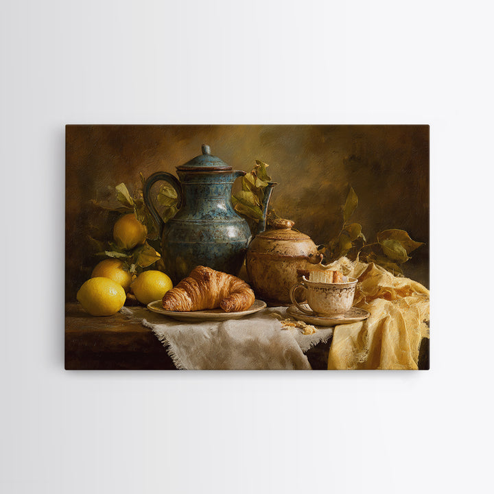 Coffee Pot and Croissant Morning Still Life Framed Canvas Print, Kitchen Art, Coffee Wall Art, Kitchen Decor, Fine Art, Kitchen, KIT-3x2-35