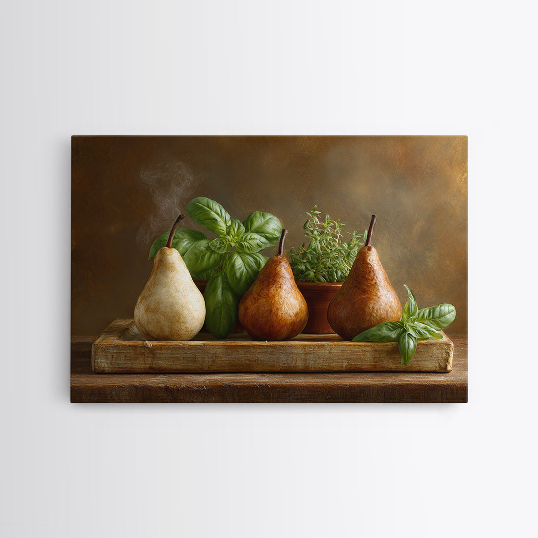 Farmhouse Pears on a Wooden Board Canvas Print, Kitchen Art, Coffee Art, Kitchen Decor, Oil Painting, Kitchen, Fine Art Print, KIT-3x2-37