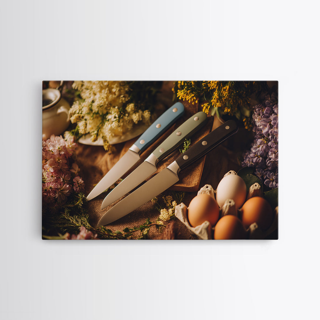Chef Knives and Herbs Arranged as Graphic Canvas Print, Kitchen Art, Kitchen Wall Art, Kitchen Decor, Fine Art, Kitchen, KIT-3x2-38