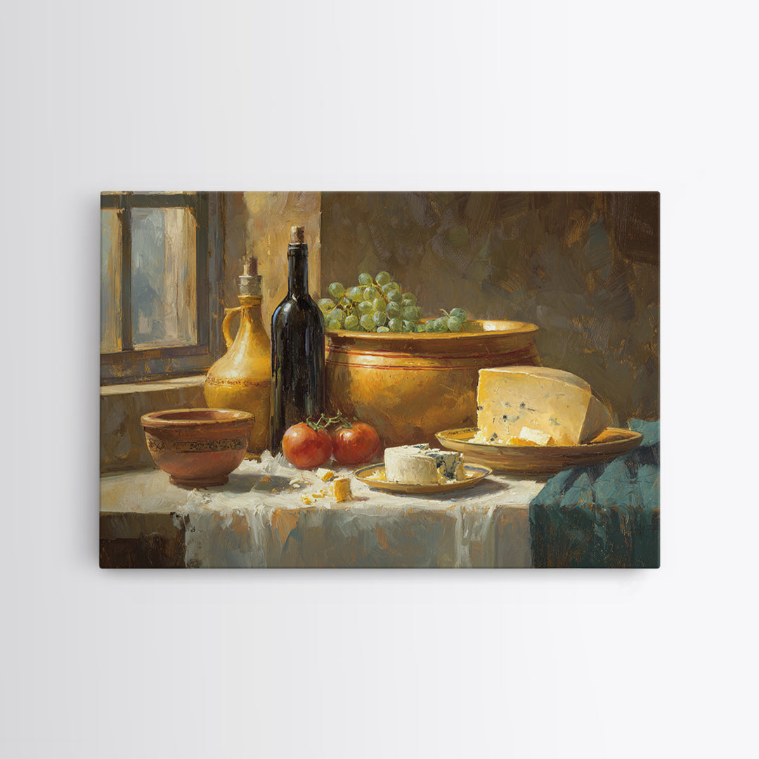 Wine Bottle Grapes and Cheese Still Life Framed Canvas Print, Kitchen Art, Modern Art, Kitchen Decor, Oil Painting, Kitchen, KIT-3x2-40
