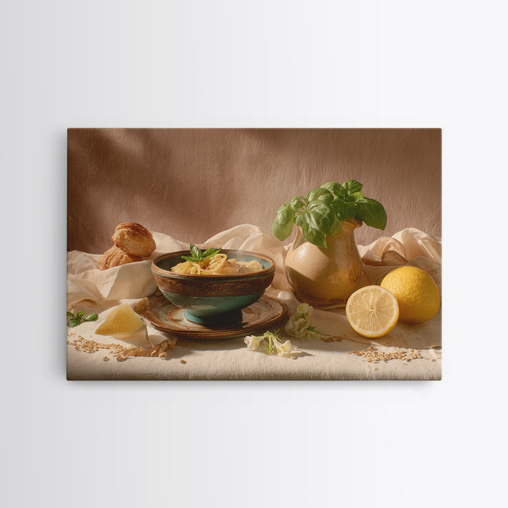 Pasta Lemons and Basil Mediterranean Still Life Framed Canvas Print, Kitchen Art, Poster Art, Kitchen Decor, Fine Art, Kitchen, KIT-3x2-45