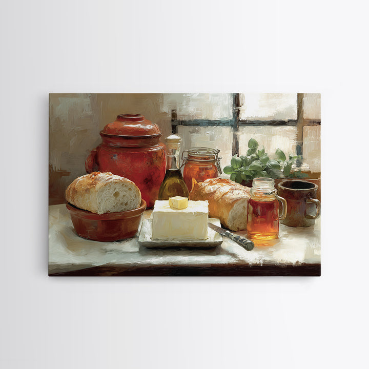Fresh Bread with Butter and Honey Framed Canvas Print, Kitchen Art, Printable Art, Kitchen Decor, Kitchen, Coffee Wall Art, KIT-3x2-46