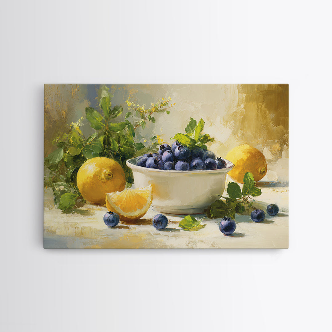 Blueberries in a White Bowl Framed Canvas Print, Kitchen Art, Room Decor, Kitchen Decor, Oil Painting, Kitchen, Digital Art, KIT-3x2-47