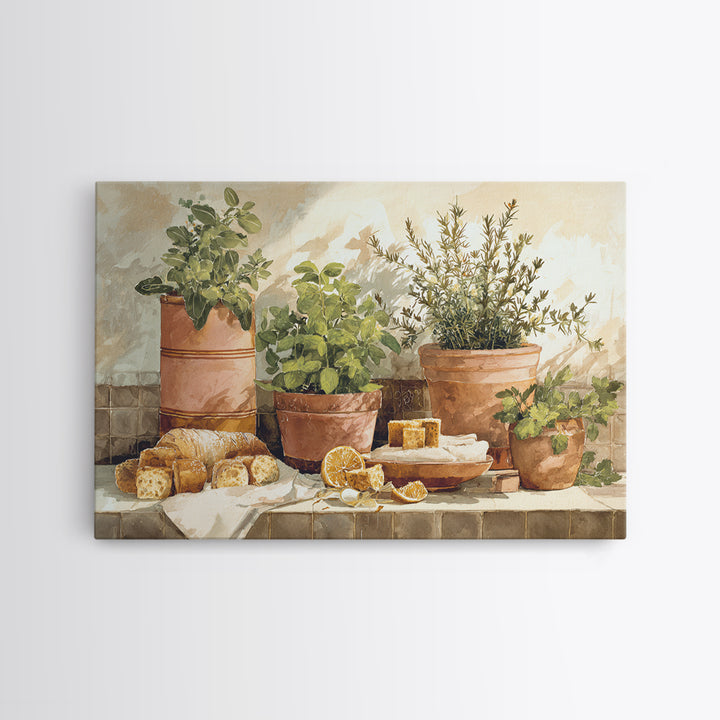 Fresh Herbs in Terracotta Pots Framed Canvas Print, Kitchen Art, Modern Art, Kitchen Decor, Fine Art, Kitchen, Neutral Decor, KIT-3x2-5