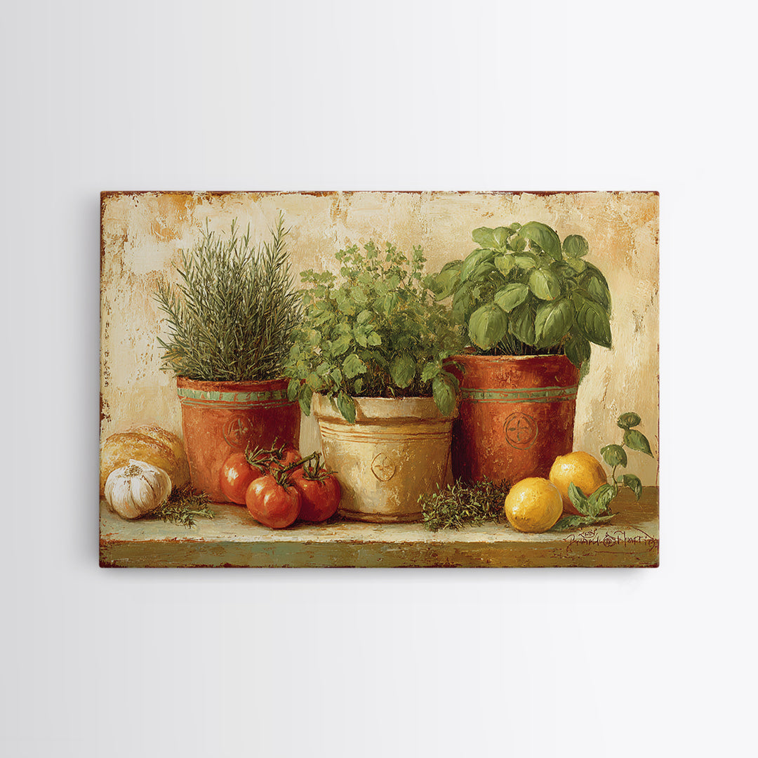 Fresh Herbs in Terracotta Pots Canvas Print, Kitchen Art, Dining Room Wall Art, Kitchen Decor, Fine Art, Kitchen, Luxury Decor, KIT-3x2-53