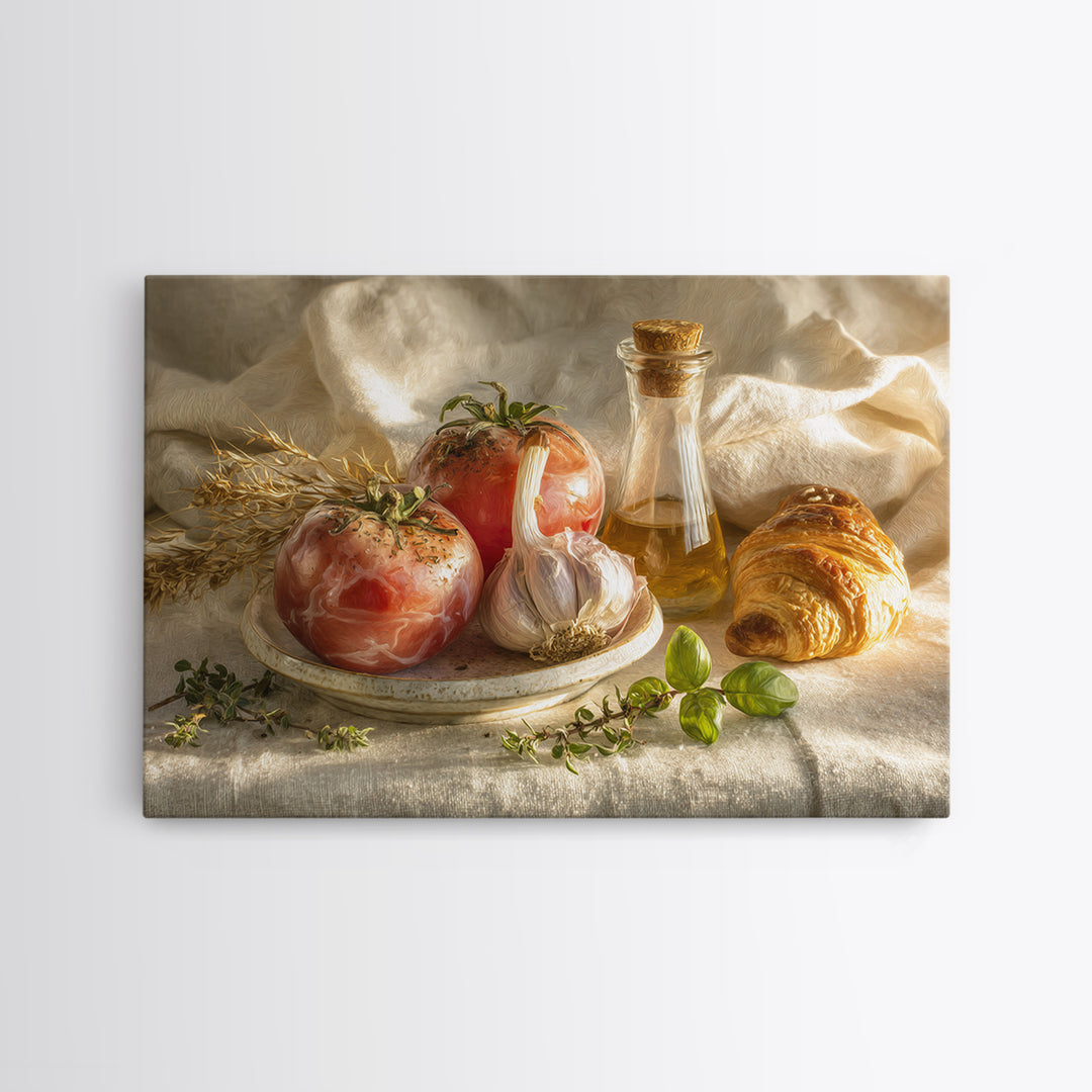 Tomatoes Garlic and Basil on Linen Framed Canvas Print, Kitchen Art, Kitchen, Kitchen Decor, Abstract Art, Kitchen, KIT-3x2-55