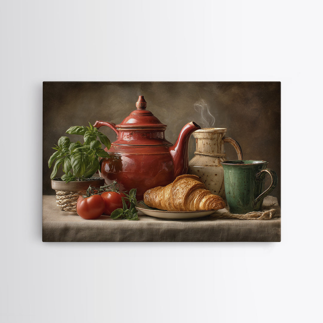 Coffee Pot and Croissant Morning Still Life Framed Canvas Print, Kitchen Art, Art Print, Kitchen Decor, Oil Painting, Kitchen, KIT-3x2-59