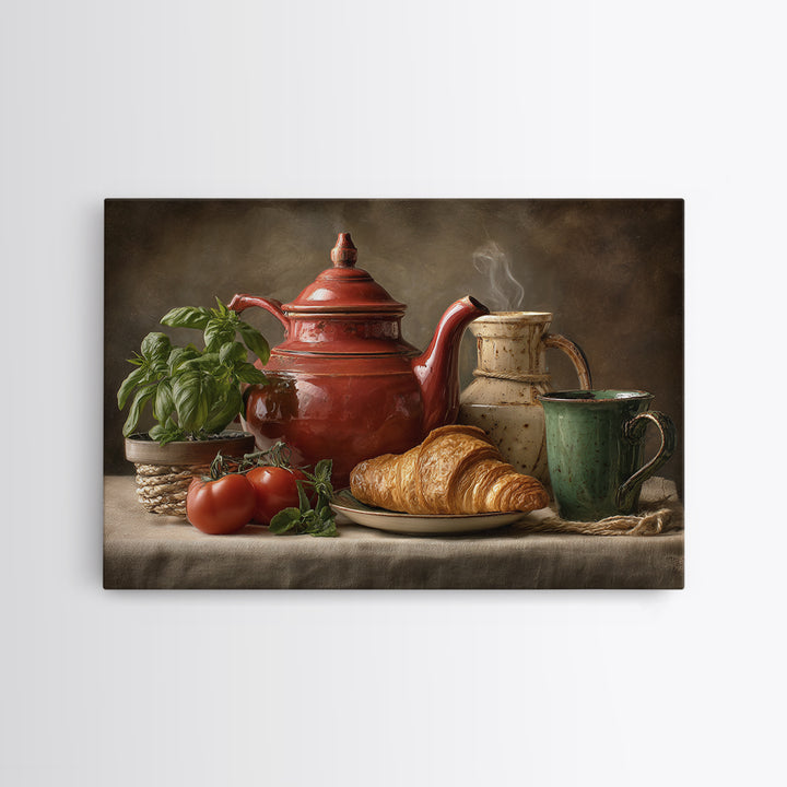 Coffee Pot and Croissant Morning Still Life Framed Canvas Print, Kitchen Art, Art Print, Kitchen Decor, Oil Painting, Kitchen, KIT-3x2-59