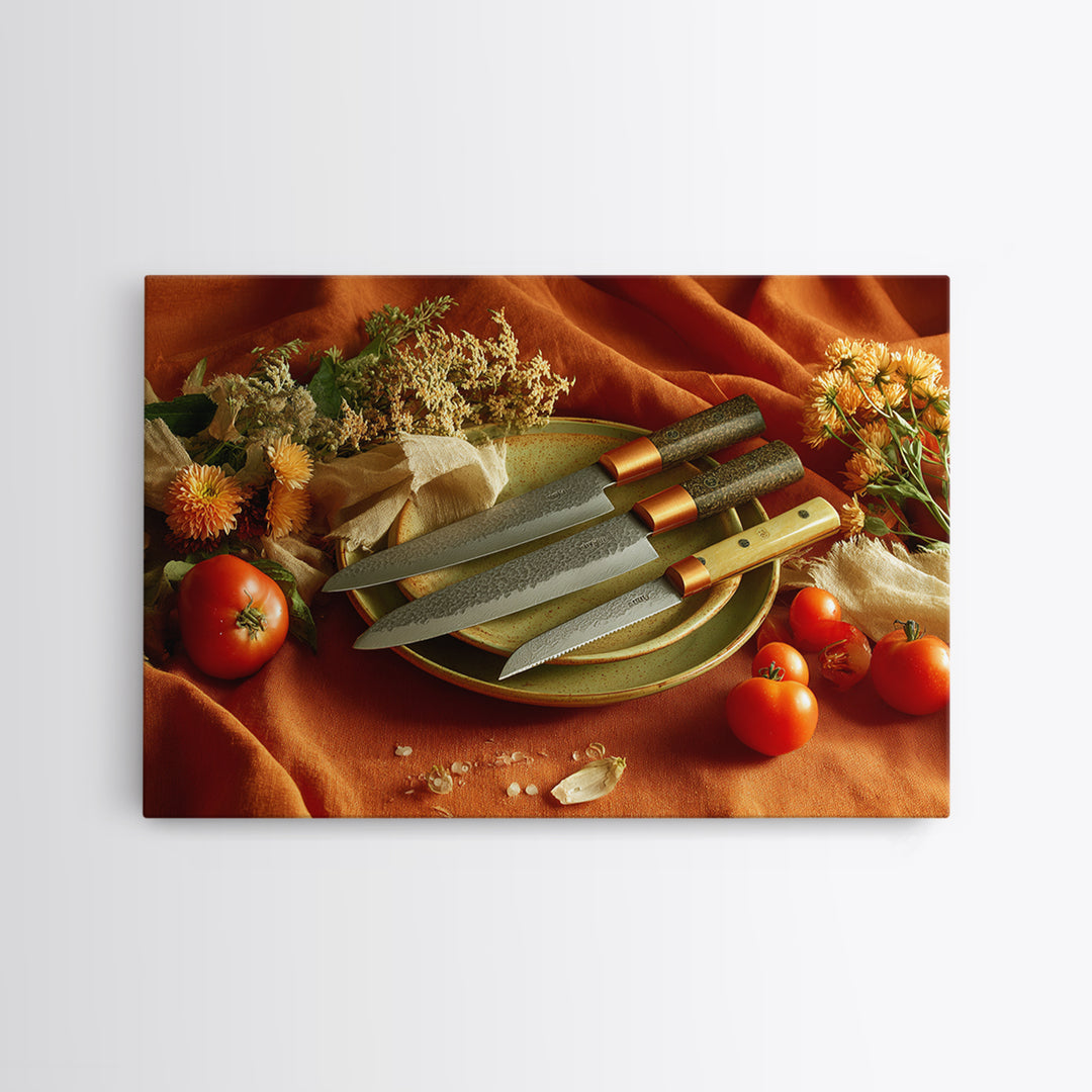 Chef Knives and Herbs Arranged as Graphic Canvas Print, Kitchen Art, Kitchen Wall Art, Kitchen Decor, Fine Art, Kitchen, KIT-3x2-62