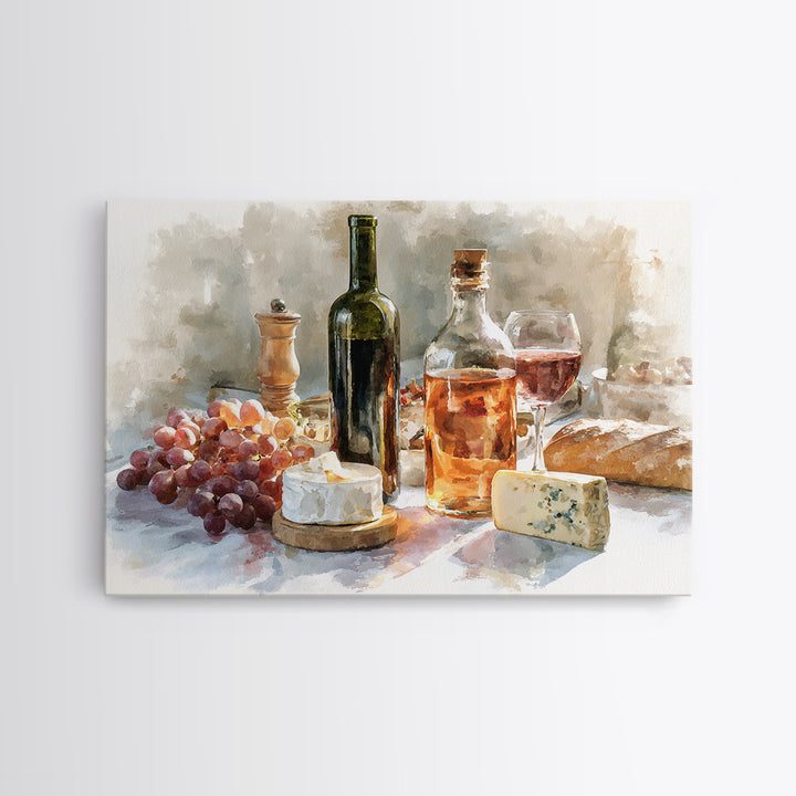 Wine Bottle Grapes and Cheese Still Life Framed Canvas Print, Kitchen Art, Gallery Decor, Kitchen Decor, Abstract Art, Kitchen, KIT-3x2-64