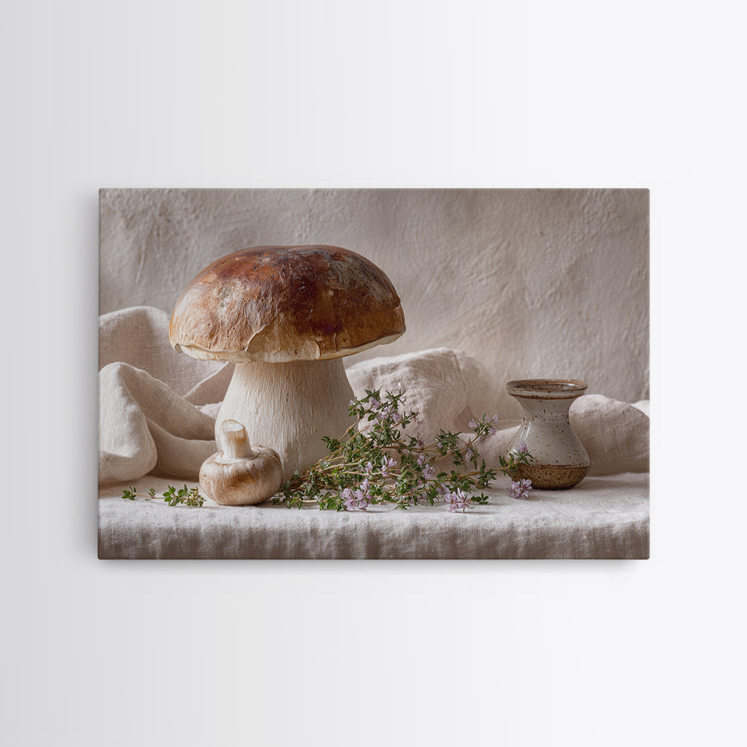 Mushrooms and Thyme Botanical Study Canvas Print, Kitchen Art, Textured Painting, Kitchen Decor, Watercolor Art, Kitchen, KIT-3x2-67