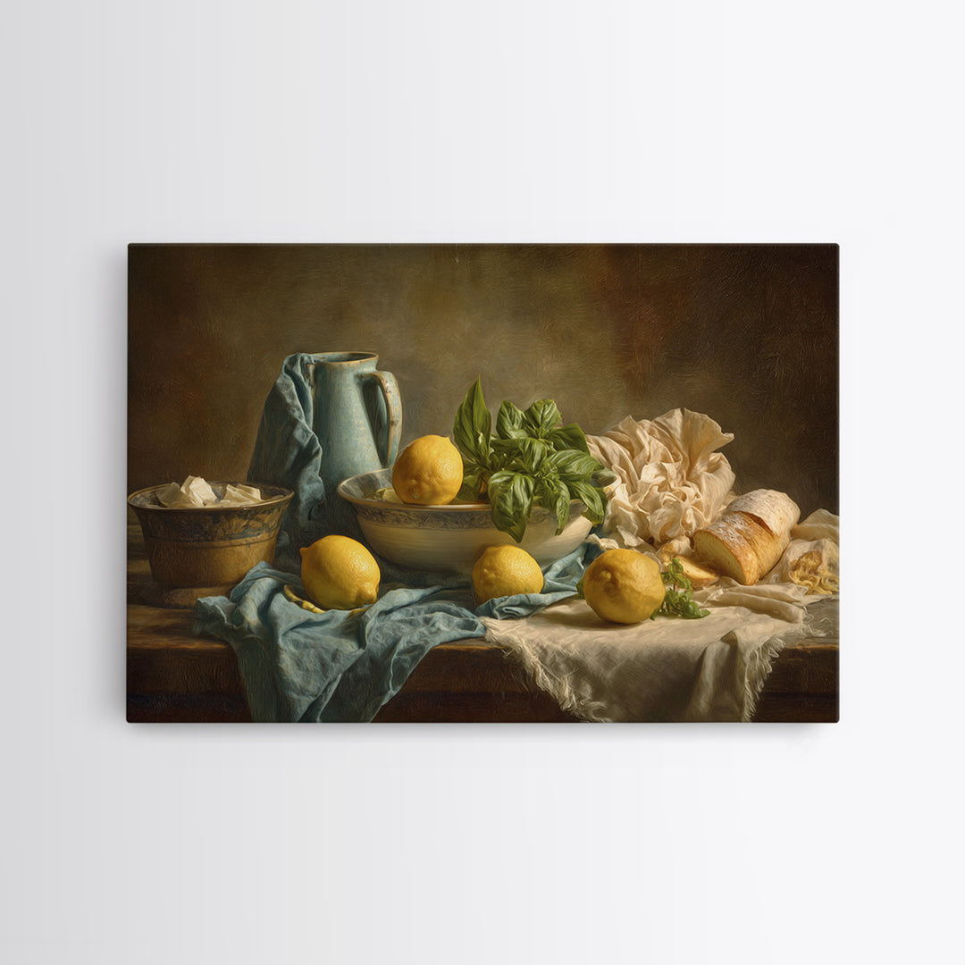Pasta Lemons and Basil Mediterranean Still Life Framed Canvas Print, Kitchen Art, Poster Art, Kitchen Decor, Fine Art, Kitchen, KIT-3x2-69