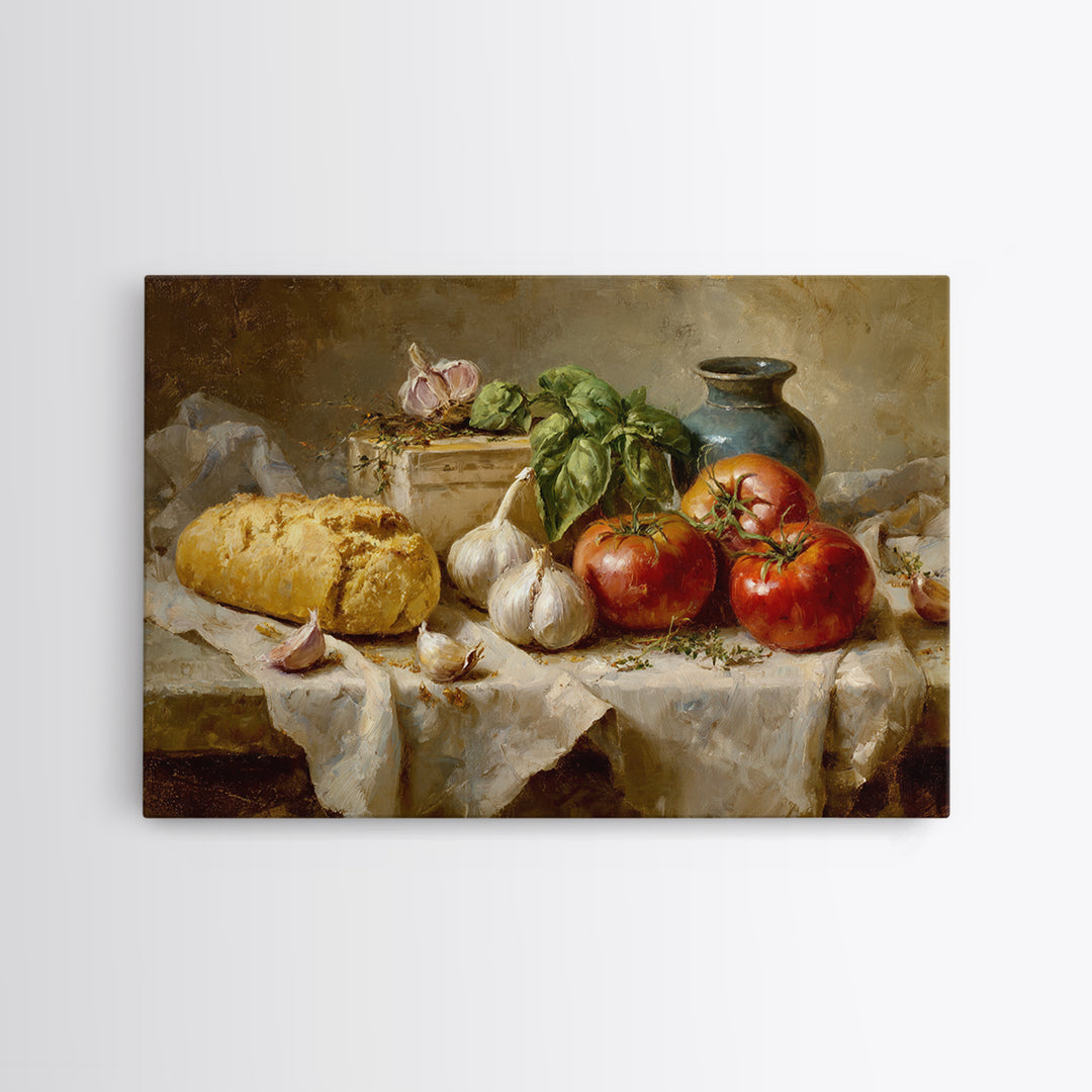 Tomatoes Garlic and Basil on Linen Framed Canvas Print, Kitchen Art, Home Decor, Kitchen Decor, Fine Art, Kitchen, KIT-3x2-7