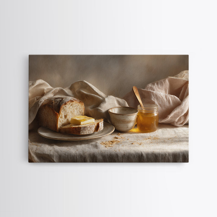 Fresh Bread with Butter and Honey Framed Canvas Print, Kitchen Art, Printable Art, Kitchen Decor, Kitchen, Coffee Wall Art, KIT-3x2-70