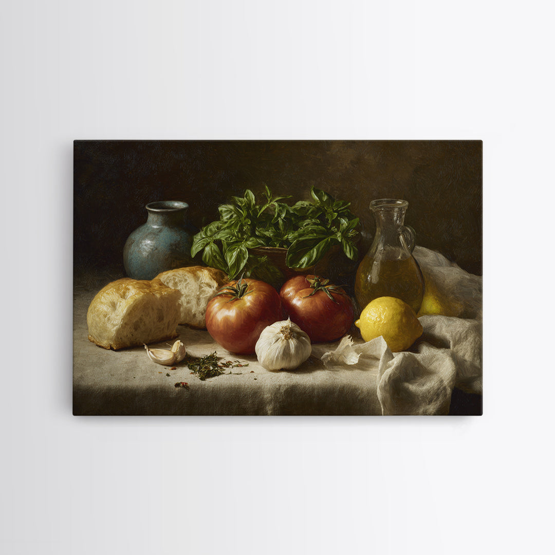 Tomatoes Garlic and Basil on Linen Framed Canvas Print, Kitchen Art, Kitchen Print, Kitchen Decor, Abstract Art, Kitchen, KIT-3x2-79