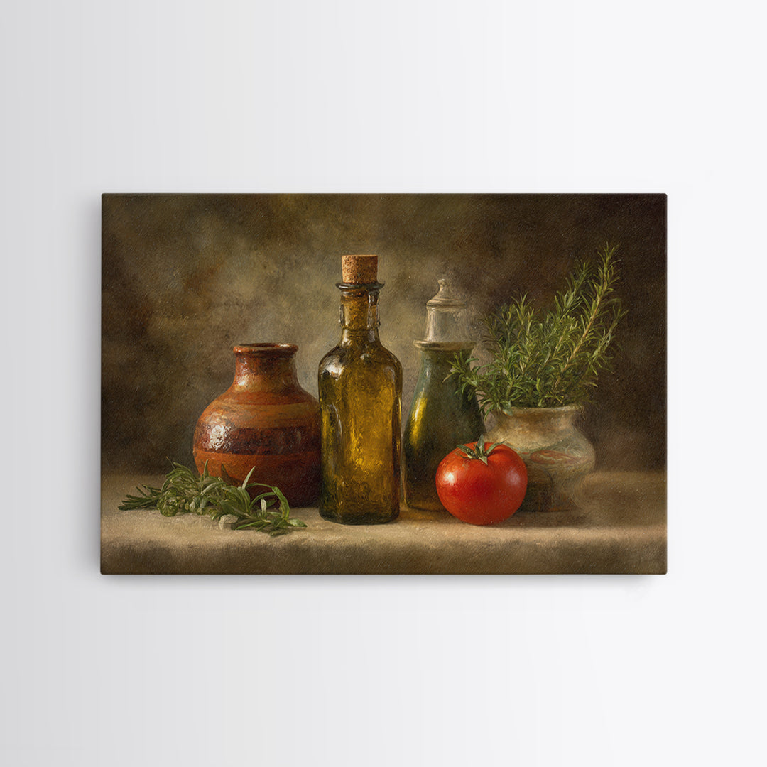 Olive Oil Bottle and Rosemary Branch Framed Canvas Print, Kitchen Art, Kitchen Print, Kitchen Decor, Watercolor Art, Kitchen, KIT-3x2-81