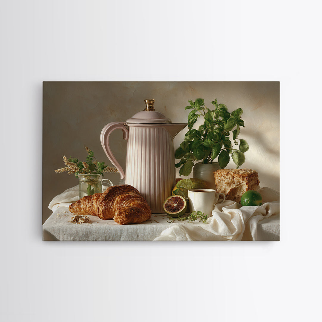 Coffee Pot and Croissant Morning Still Life Canvas Print, Kitchen Art, Wall Art, Kitchen Decor, Kitchen, Kitchen Wall Art, KIT-3x2-83