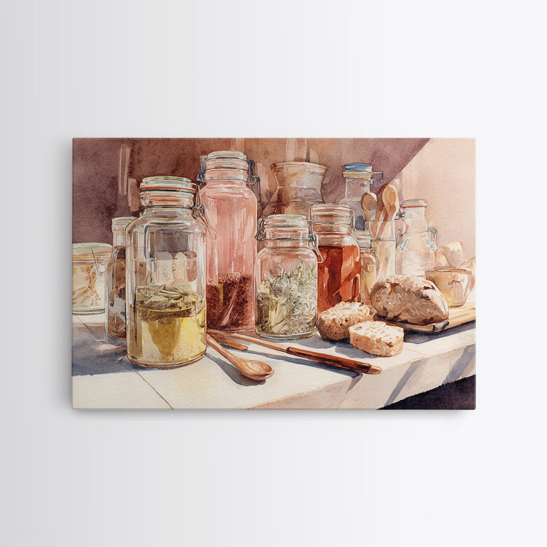 Watercolor Spice Jars Without Readable Labels Canvas Print, Kitchen Art, Coffee Print, Kitchen Decor, Oil Painting, Kitchen, KIT-3x2-89
