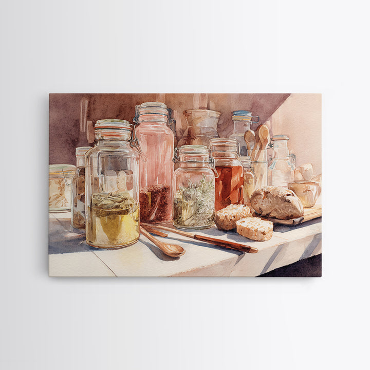 Watercolor Spice Jars Without Readable Labels Canvas Print, Kitchen Art, Coffee Print, Kitchen Decor, Oil Painting, Kitchen, KIT-3x2-89