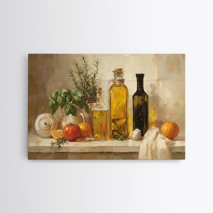 Olive Oil Bottle and Rosemary Branch Framed Canvas Print, Kitchen Art, Printable Art, Kitchen Decor, Oil Painting, Kitchen, KIT-3x2-9