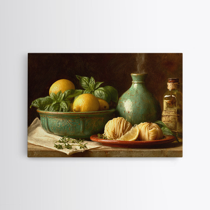 Pasta Lemons and Basil Mediterranean Still Life Canvas Print, Kitchen Art, Kitchen Art Print, Kitchen Decor, Fine Art, Kitchen, KIT-3x2-93