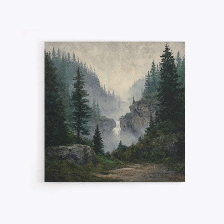 Waterfall Hidden in Dense Forest Framed Canvas Print, Landscape Art, Decor, Living Room Decor, Oil Painting, Horizon, LAN-1x1-12