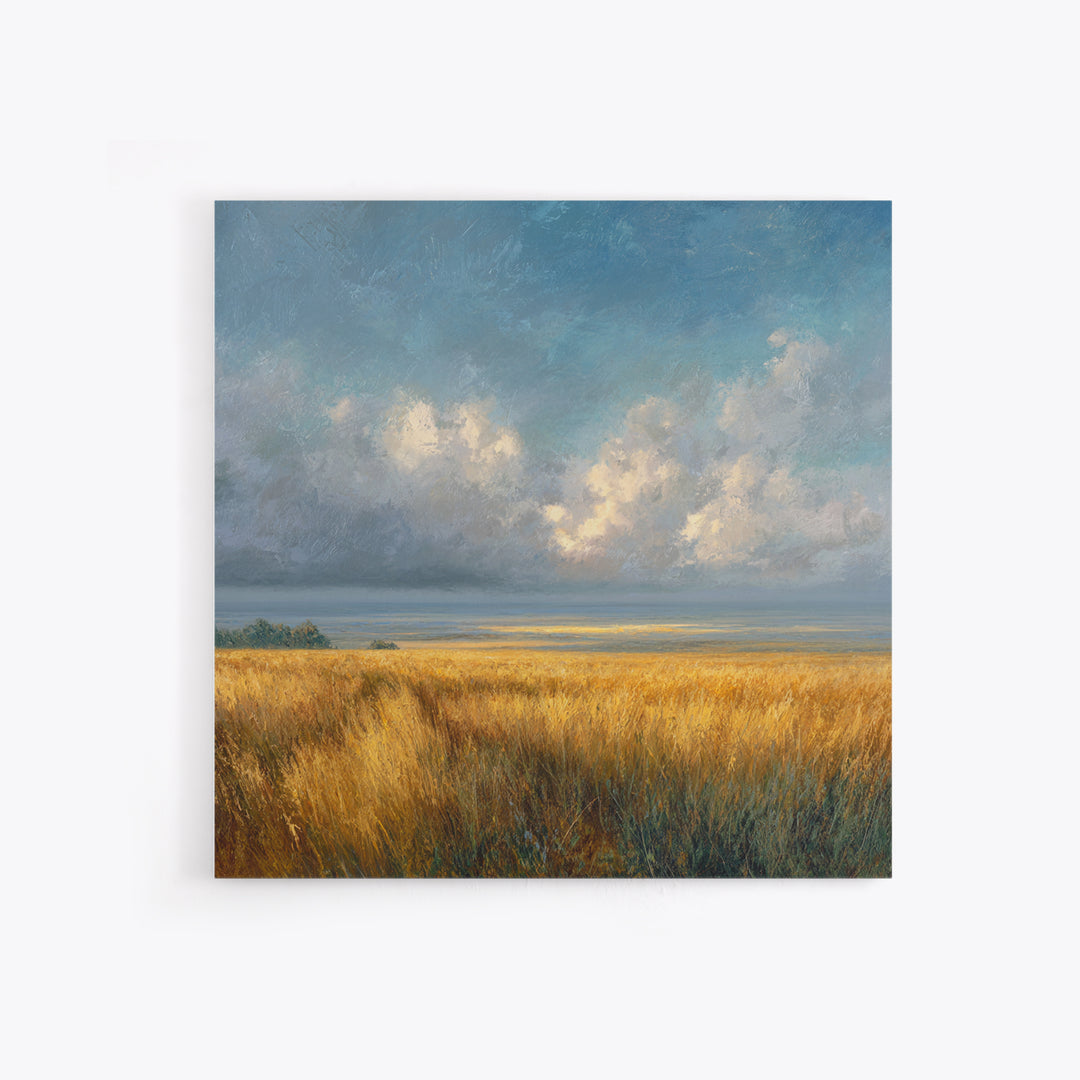 Golden Wheat Field Beneath Huge Clouds Framed Canvas Print, Landscape Art, Wall Art Print, Living Room Decor, Fine Art, Horizon, LAN-1x1-24
