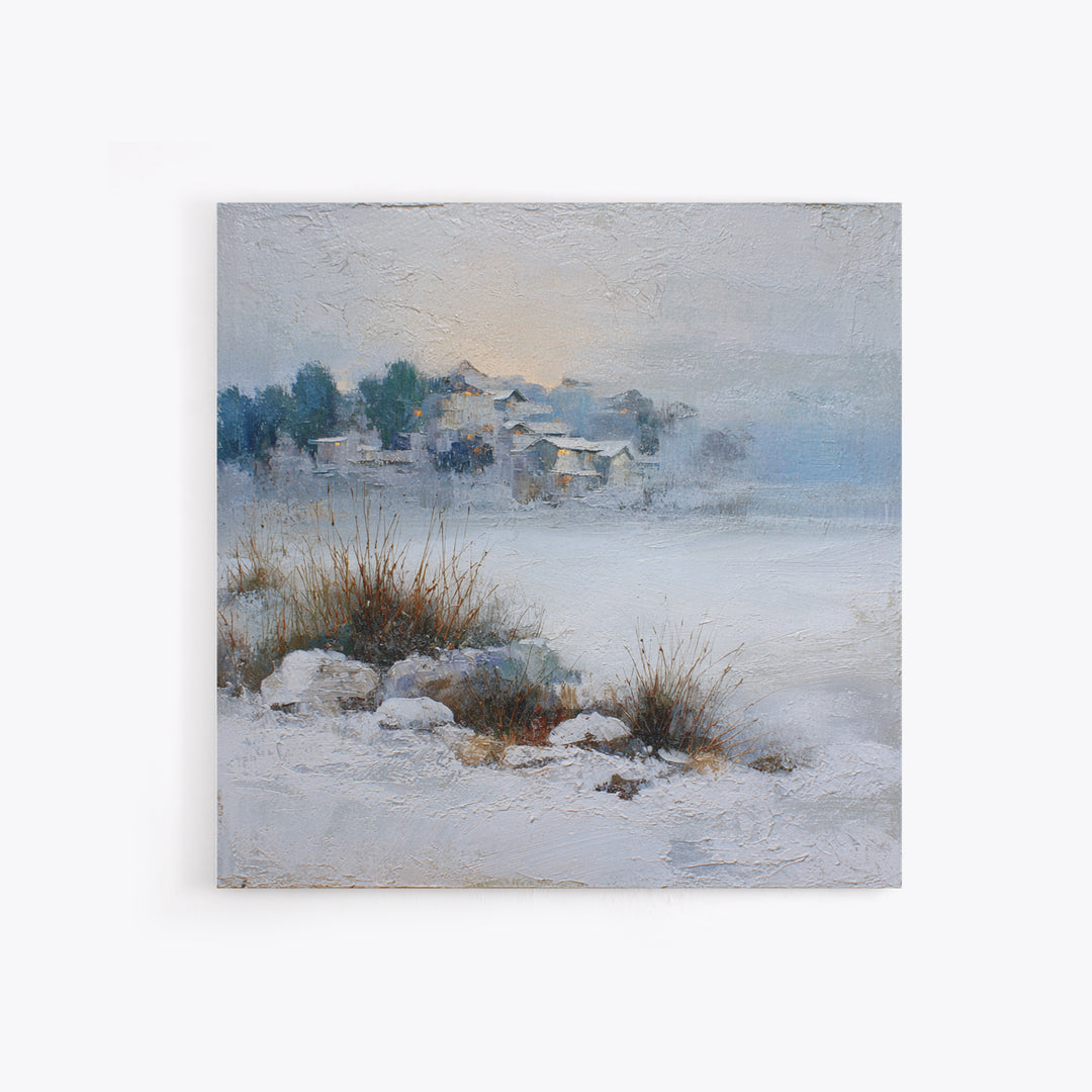 Snow Covered Alpine Village at Dusk Canvas Print, Landscape Art, Abstract Wall Art, Living Room Decor, Fine Art, Horizon, LAN-1x1-31