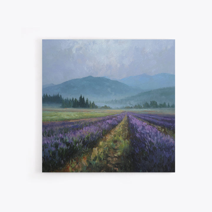 Lavender Field Leading to Distant Hills Framed Canvas Print, Landscape Art, Modern Art, Living Room Decor, Watercolor Art, LAN-1x1-34