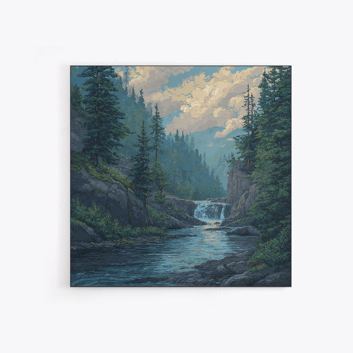 Waterfall Hidden in Dense Forest Canvas Print, Landscape Art, Original Painting, Living Room Decor, Fine Art, Horizon, LAN-1x1-36