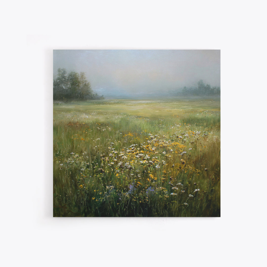 Sunlit Meadow with Wildflowers Framed Canvas Print, Landscape Art, Boho Decor, Living Room Decor, Fine Art, Horizon, Art Prints, LAN-1x1-37