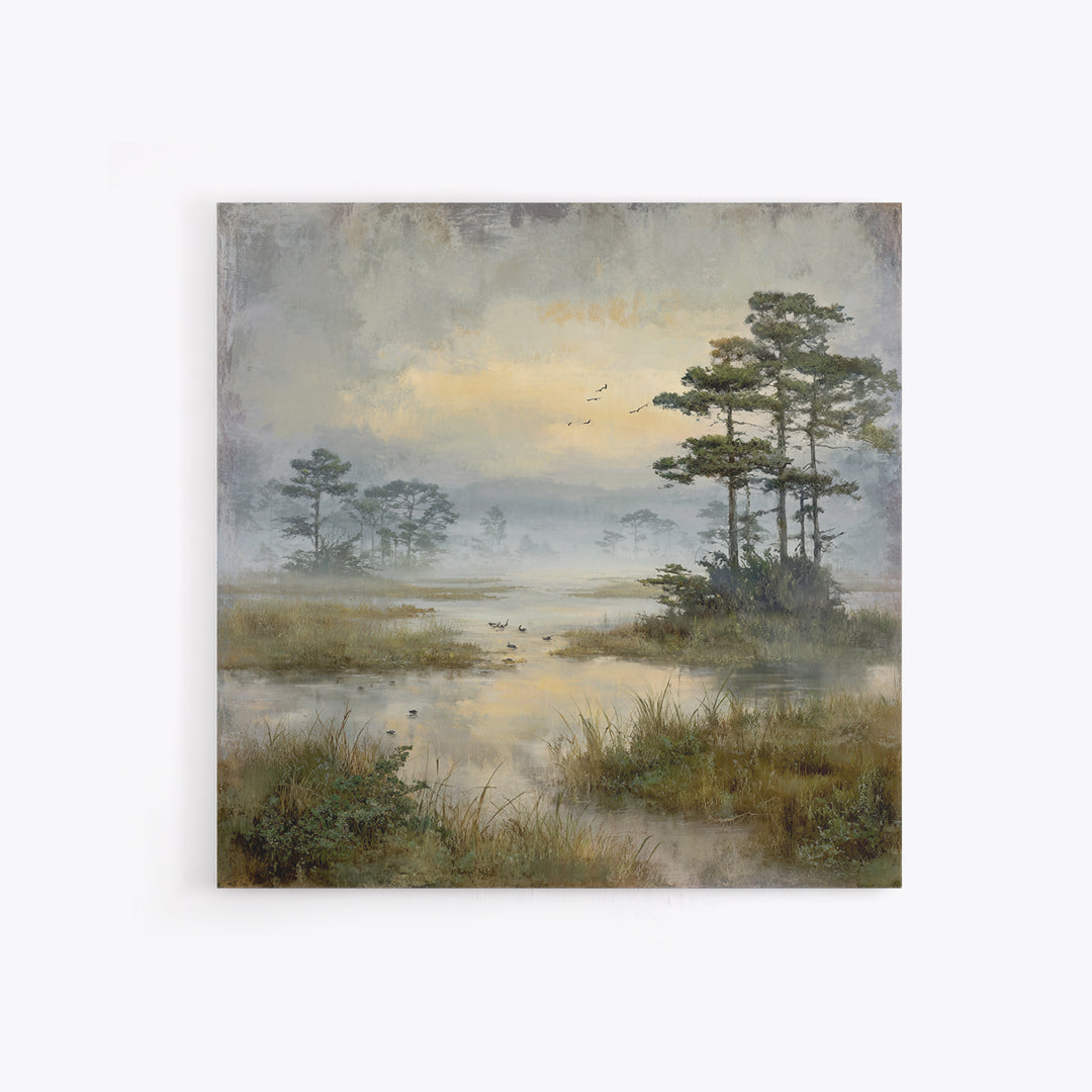 Misty Cypress Swamp Framed Canvas Print, Landscape Art, Living Room Wall Art, Living Room Decor, Oil Painting, Horizon, LAN-1x1-46