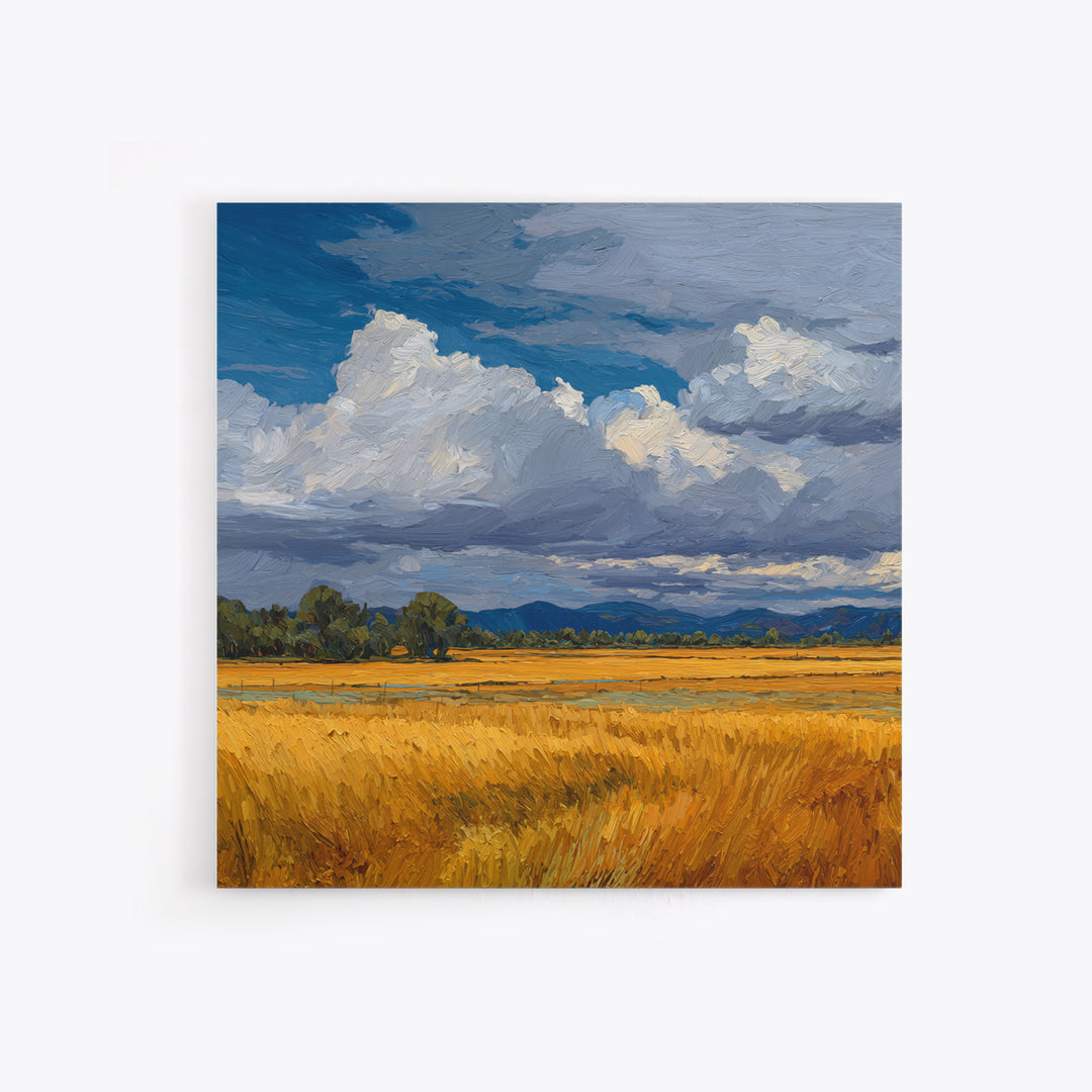 Golden Wheat Field Beneath Huge Clouds Framed Canvas Print, Landscape Art, Decor, Living Room Decor, Oil Painting, Horizon, LAN-1x1-48