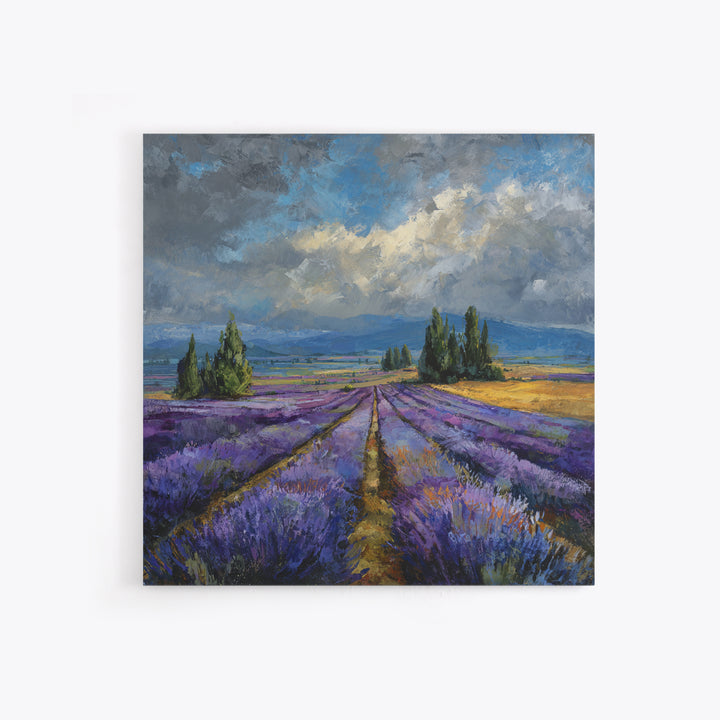 Lavender Field Leading to Distant Hills Framed Canvas Print, Landscape Art, Modern Art, Living Room Decor, Watercolor Art, LAN-1x1-58