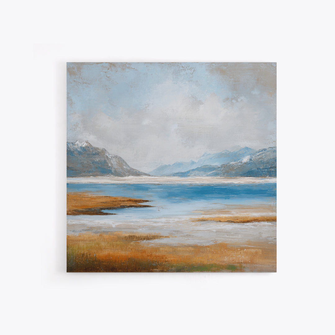 Fjord Landscape with Icy Blue Water Framed Canvas Print, Landscape Art, Neutral Decor, Living Room Decor, Oil Painting, Horizon, LAN-1x1-63