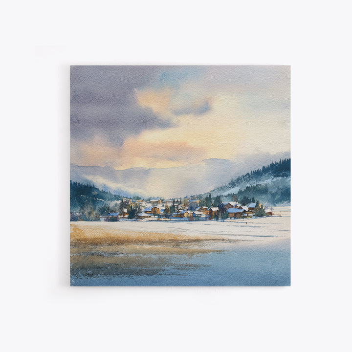 Snow Covered Alpine Village at Dusk Framed Canvas Print, Landscape Art, Framed Wall Art, Living Room Decor, Oil Painting, LAN-1x1-7