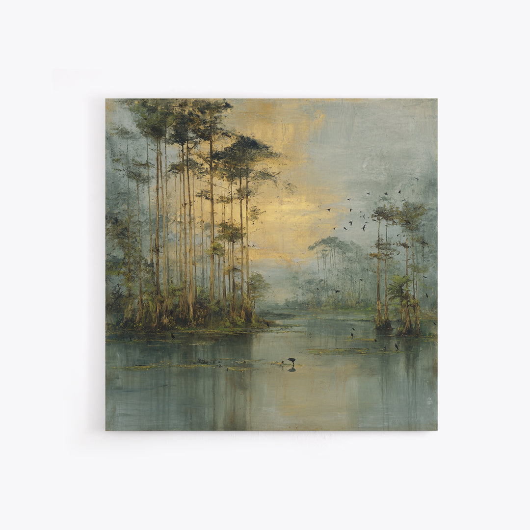 Misty Cypress Swamp Framed Canvas Print, Landscape Art, Living Room Wall Art, Living Room Decor, Oil Painting, Horizon, LAN-1x1-70
