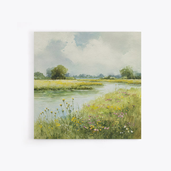 Sunlit Meadow with Wildflowers Canvas Print, Landscape Art, Minimalist Decor, Living Room Decor, Oil Painting, Horizon, LAN-1x1-85