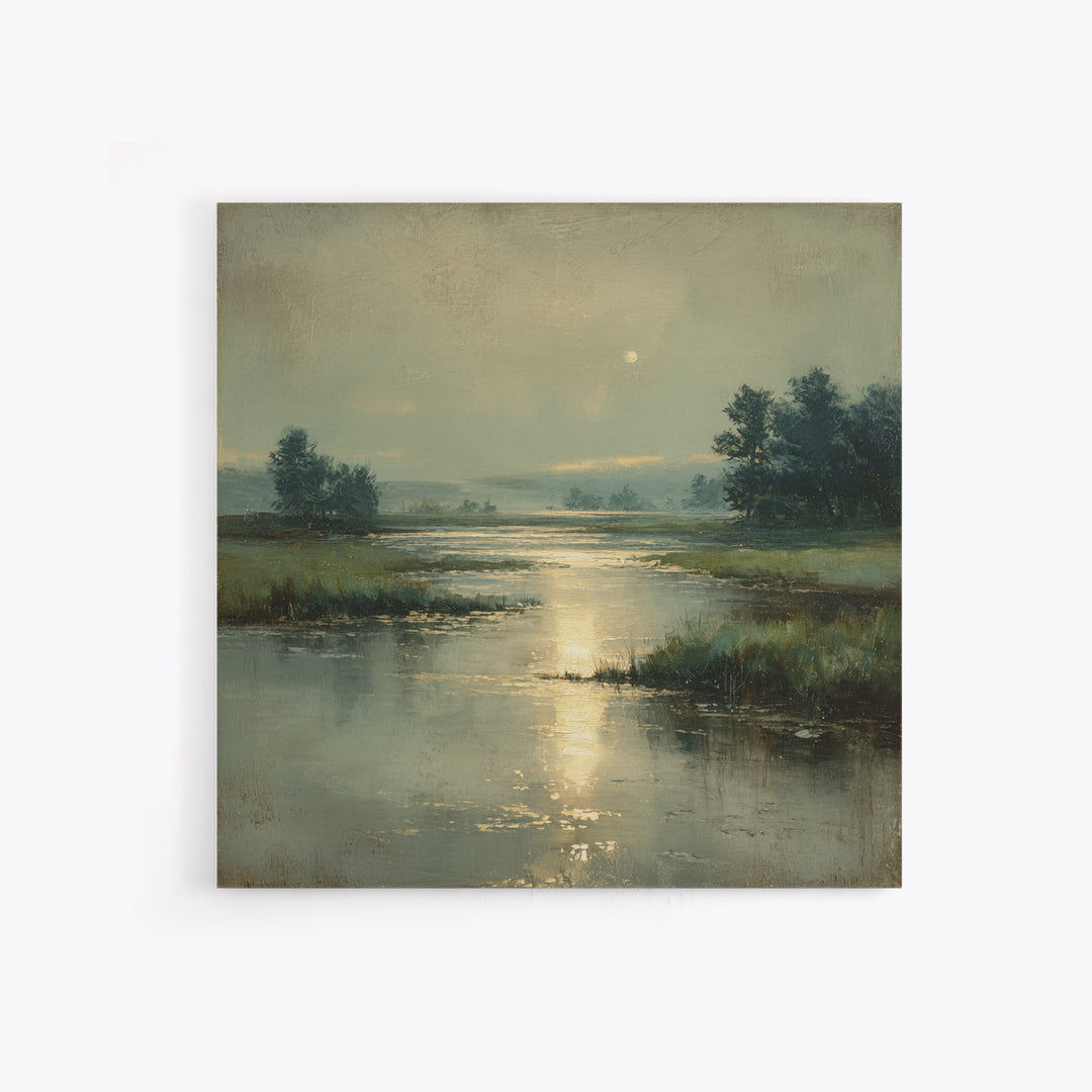 Moonlit River with Silver Reflections Framed Canvas Print, Landscape Art, Wall Art, Living Room Decor, Fine Art, Horizon, LAN-1x1-93