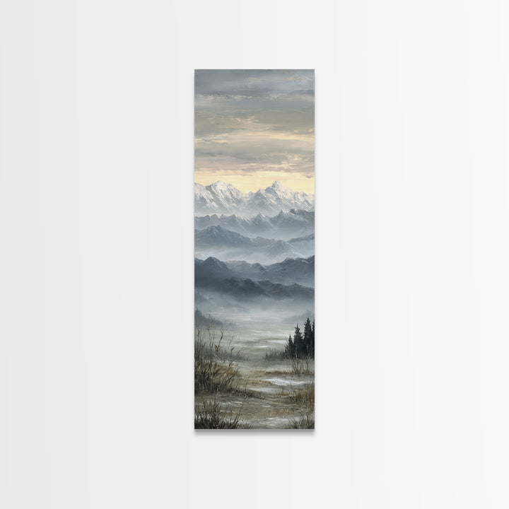 Snow Covered Alpine Village at Dusk Framed Canvas Print, Landscape Art, Framed Wall Art, Living Room Decor, Oil Painting, LAN-1x3-19