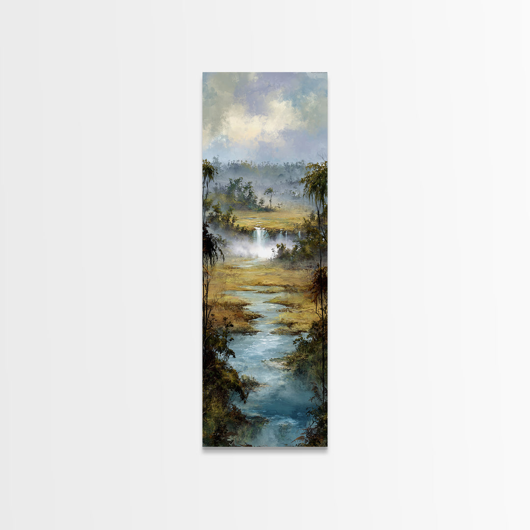 Tropical Jungle Waterfall Framed Canvas Print, Landscape Art, Minimalist Decor, Living Room Decor, Oil Painting, Horizon, LAN-1x3-4