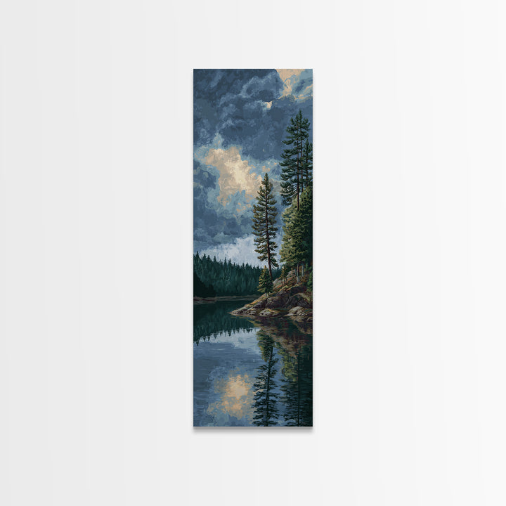 Quiet Lake Reflecting Pine Forest Canvas Print, Landscape Art, Framed Wall Art, Living Room Decor, Oil Painting, Horizon, LAN-1x3-40