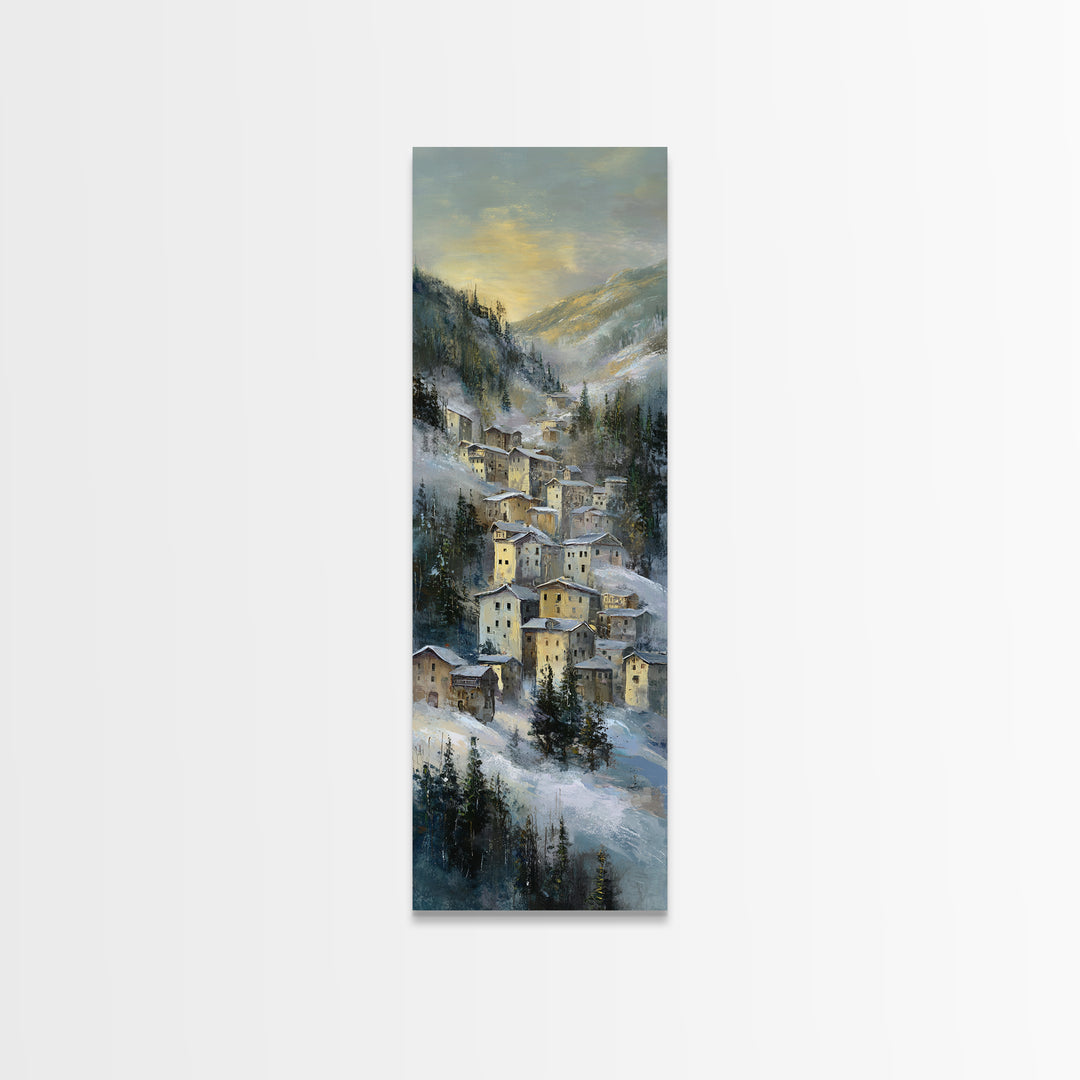 Snow Covered Alpine Village at Dusk Canvas Print, Landscape Art, Abstract Wall Art, Living Room Decor, Fine Art, Horizon, LAN-1x3-43
