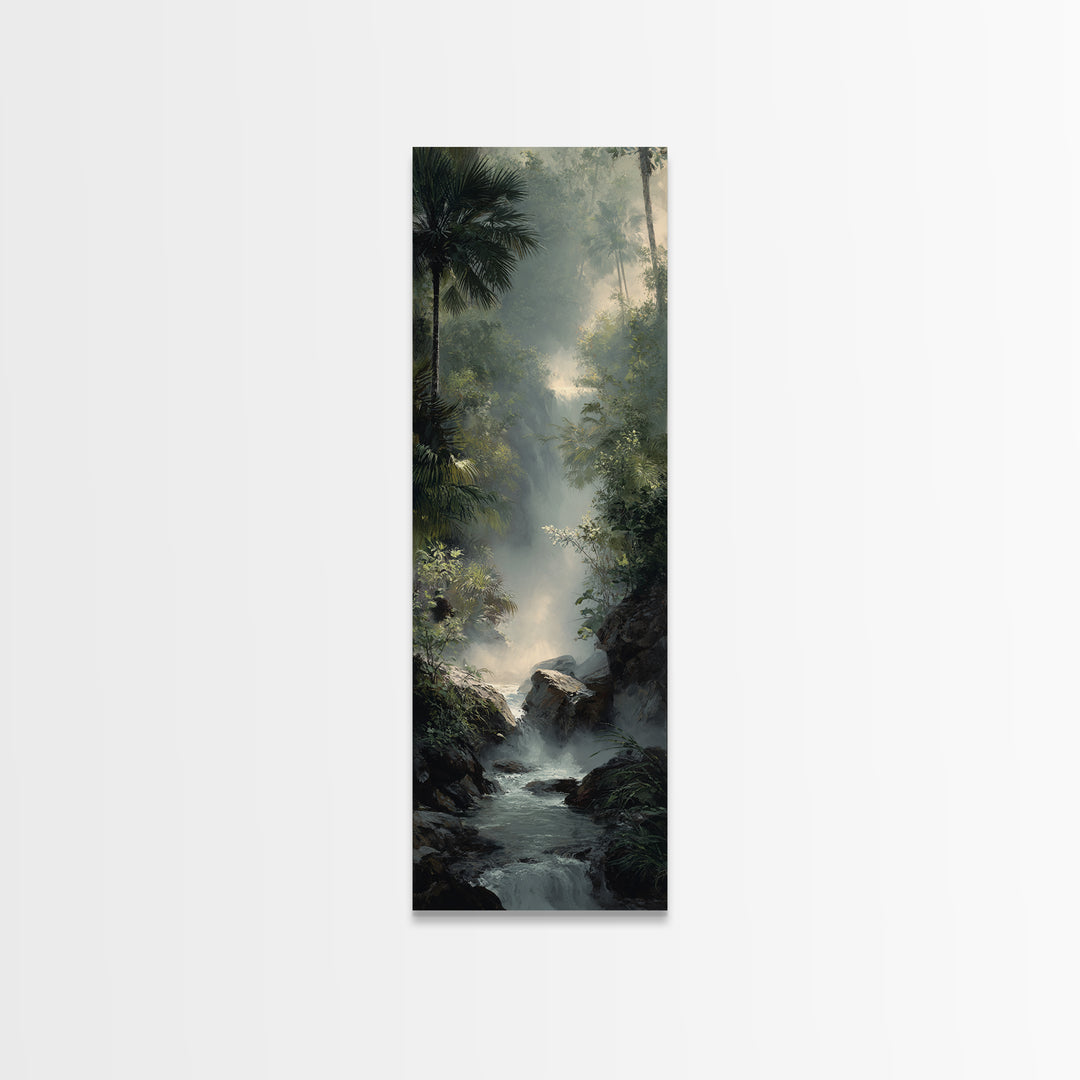 Tropical Jungle Waterfall Framed Canvas Print, Landscape Art, Digital Wall Art, Living Room Decor, Fine Art, Horizon, LAN-1x3-52