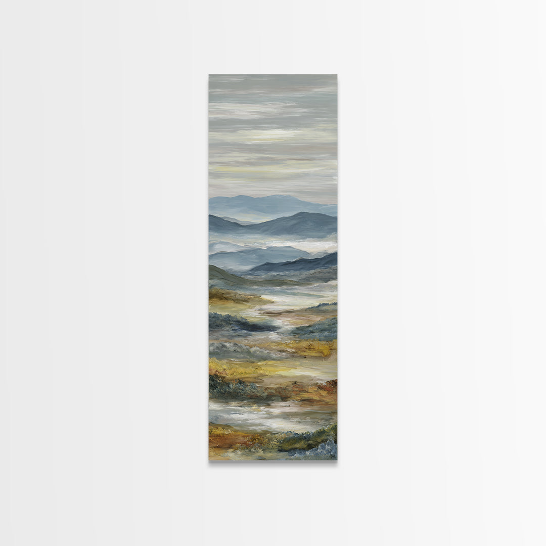 Misty Mountain Valley at Sunrise Framed Canvas Print, Landscape Art, Digital Prints, Living Room Decor, Fine Art, Horizon, LAN-1x3-61