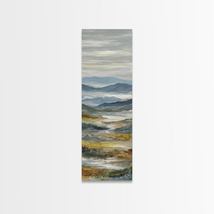 Misty Mountain Valley at Sunrise Framed Canvas Print, Landscape Art, Digital Prints, Living Room Decor, Fine Art, Horizon, LAN-1x3-61