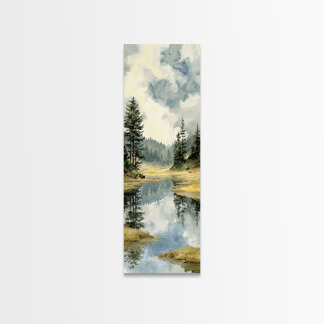 Quiet Lake Reflecting Pine Forest Framed Canvas Print, Landscape Art, Abstract Wall Art, Living Room Decor, Fine Art, Horizon, LAN-1x3-64