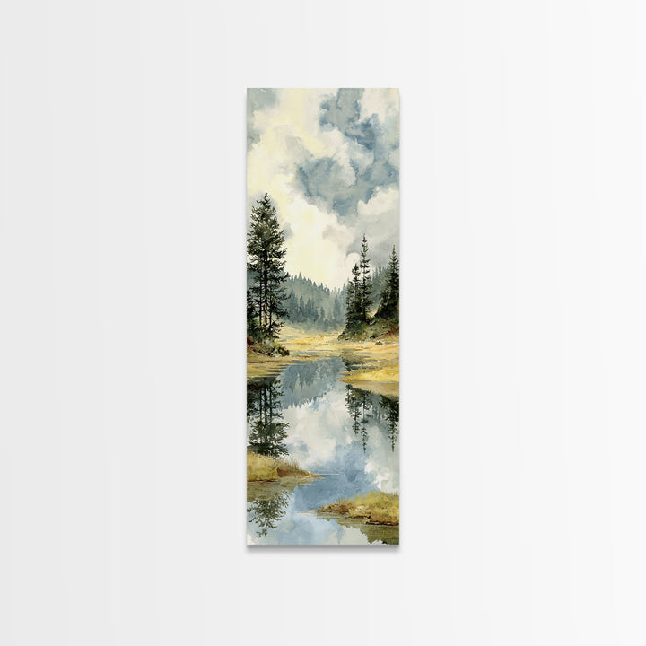 Quiet Lake Reflecting Pine Forest Framed Canvas Print, Landscape Art, Abstract Wall Art, Living Room Decor, Fine Art, Horizon, LAN-1x3-64