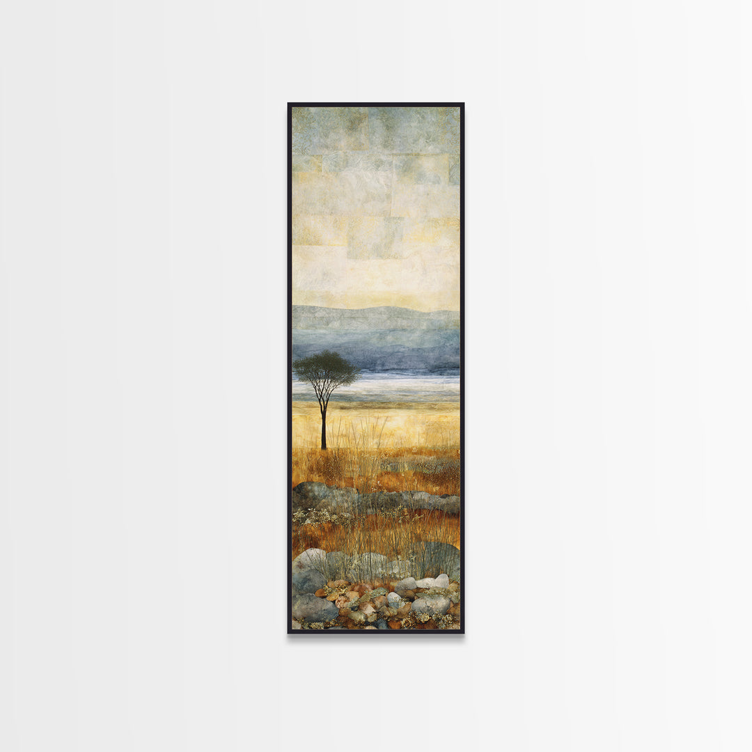 Wide Savanna with Acacia Silhouette Framed Canvas Print, Landscape Art, Living Room Wall Art, Living Room Decor, Oil Painting, LAN-1x3-79